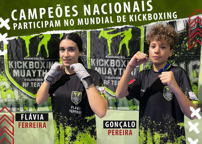 Flávia Ferreira, de 17 anos, e Gonçalo Pereira, de 11, ambos campeões nacionais de kickboxing