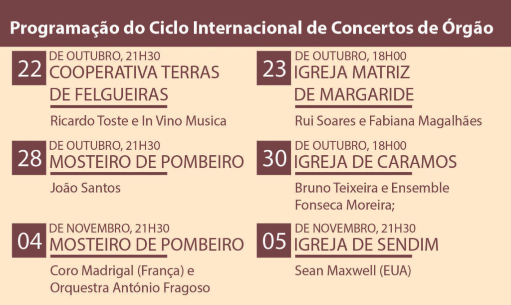 O Conservatório de Música de Felgueiras promove de 22 de outubro a 5 de novembro uma nova edição do Ciclo Internacional de Concertos de Órgão (CICO).